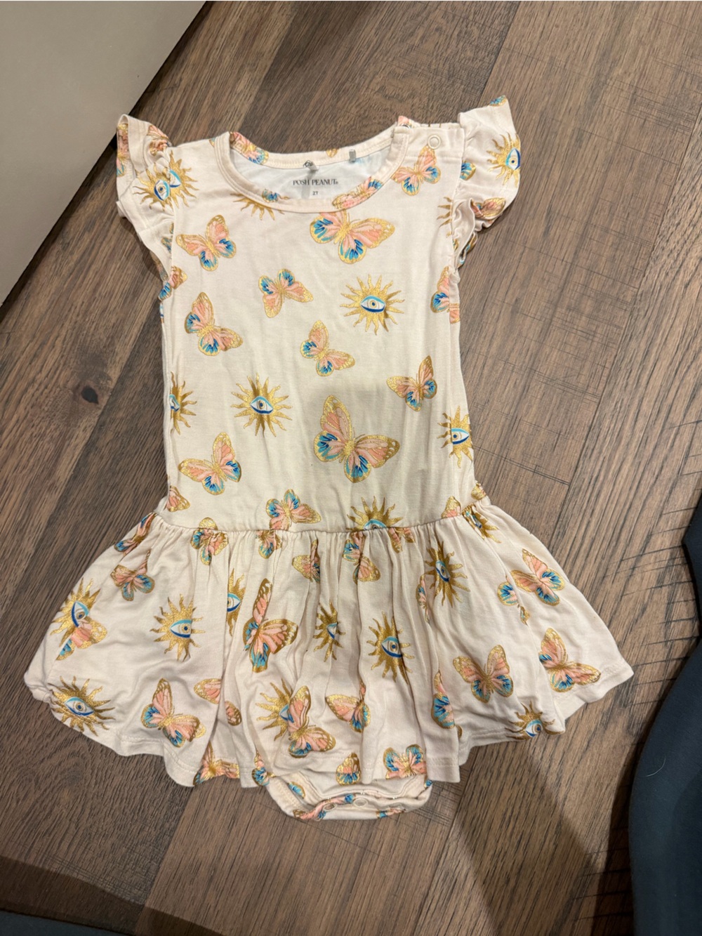 Posh Peanut Cream Dress with Yellow & Pink Butterfly Print